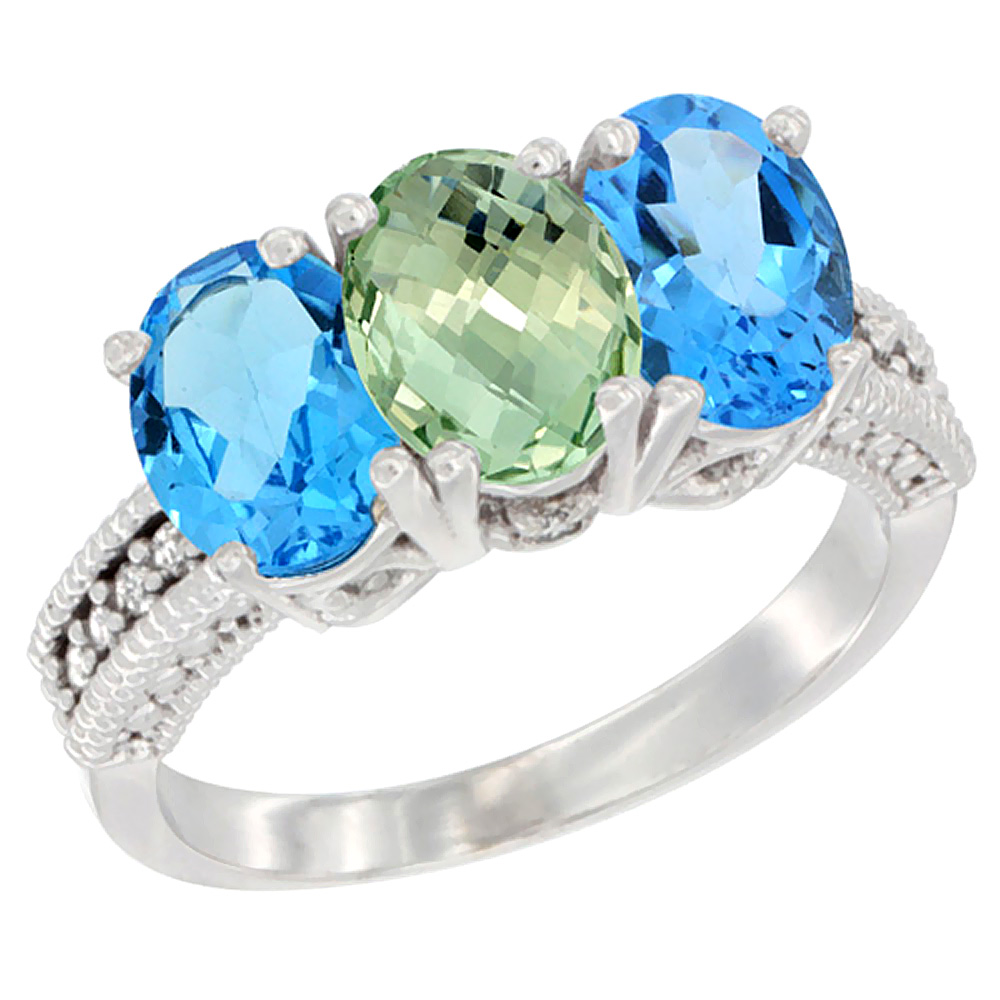 10K White Gold Natural Green Amethyst & Swiss Blue Topaz Sides Ring 3-Stone Oval 7x5 mm Diamond Accent, sizes 5 - 10