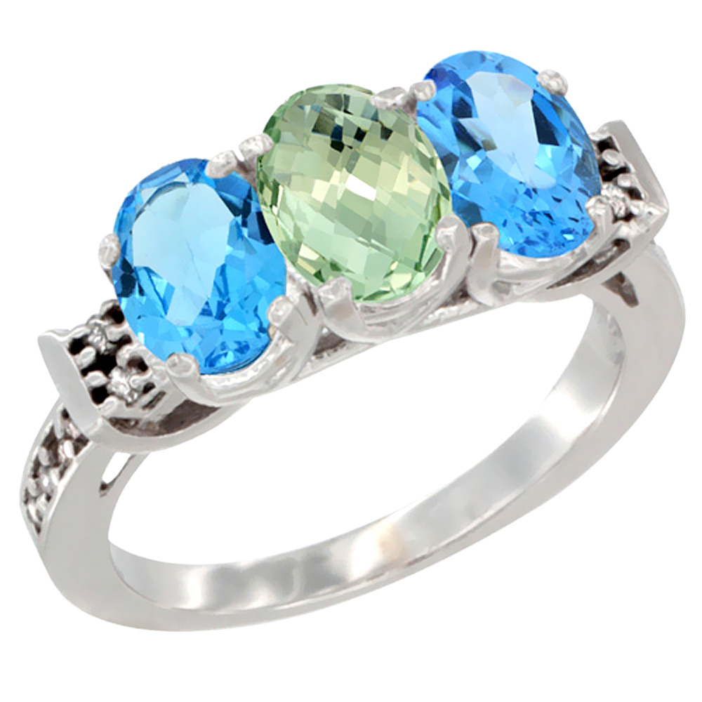 14K White Gold Natural Green Amethyst &amp; Swiss Blue Topaz Sides Ring 3-Stone 7x5 mm Oval Diamond Accent, sizes 5 - 10