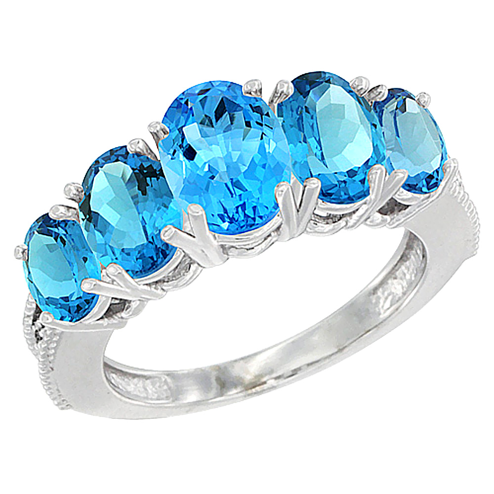 14K White Gold Diamond Natural Swiss Blue Topaz Ring 5-stone Oval 8x6 Ctr,7x5,6x4 sides, sizes 5 - 10