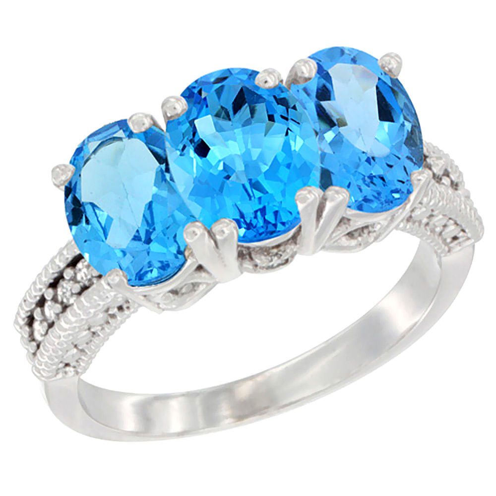 14K White Gold Natural Swiss Blue Topaz Ring 3-Stone 7x5 mm Oval Diamond Accent, sizes 5 - 10