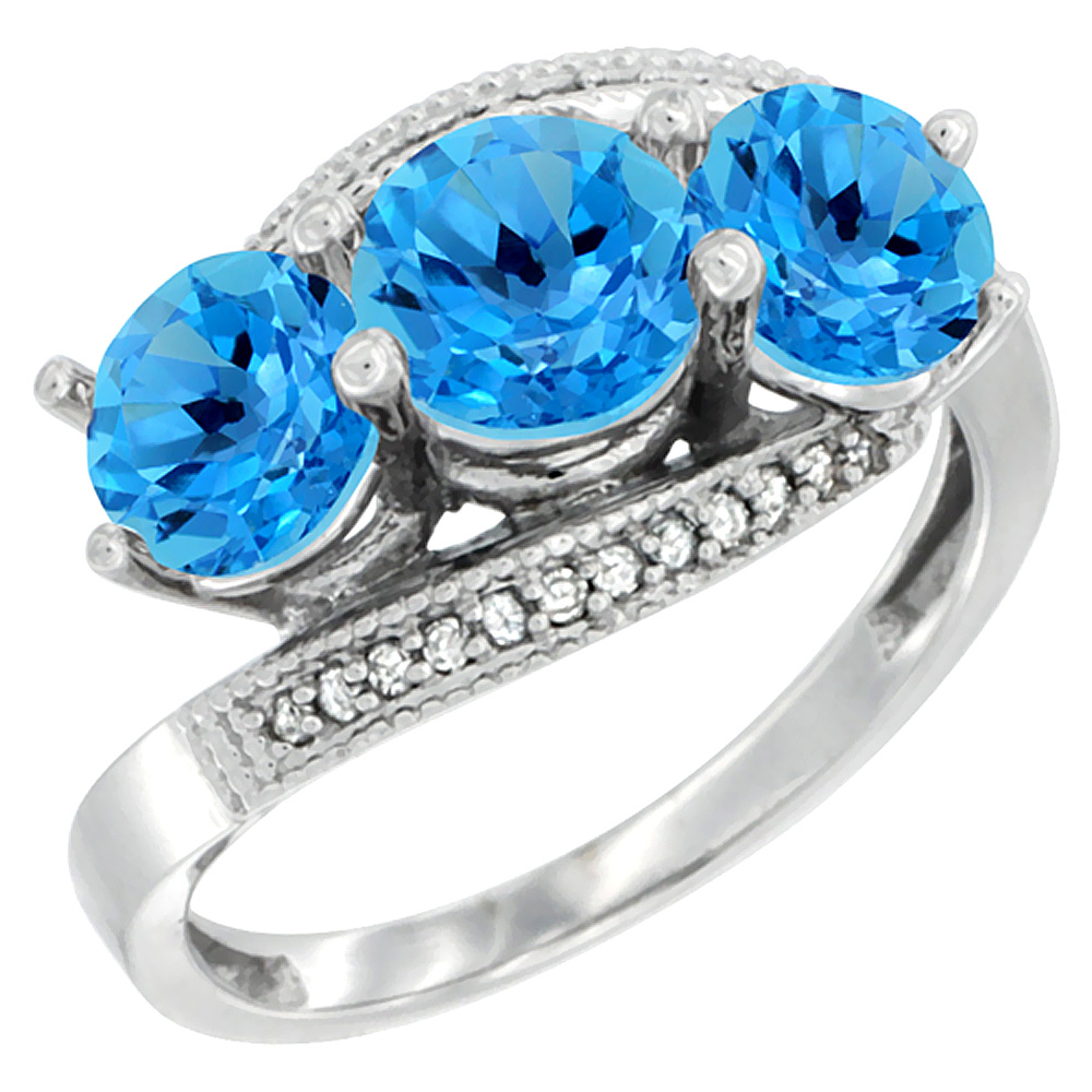 10K White Gold Natural Swiss Blue Topaz 3 stone Ring Round 6mm Diamond Accent, sizes 5 - 10