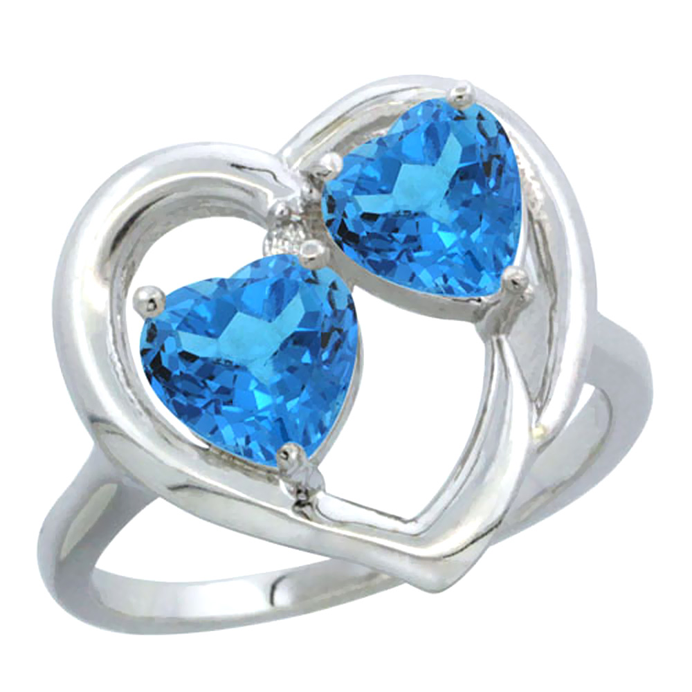 14K White Gold Diamond Two-stone Heart Ring 6mm Natural Swiss Blue Topaz, sizes 5-10