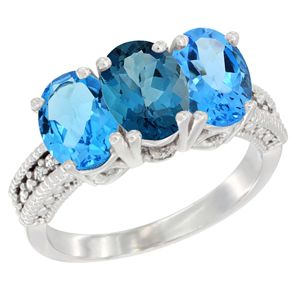 10K White Gold Natural London Blue Topaz & Swiss Blue Topaz Sides Ring 3-Stone Oval 7x5 mm Diamond Accent, sizes 5 - 10