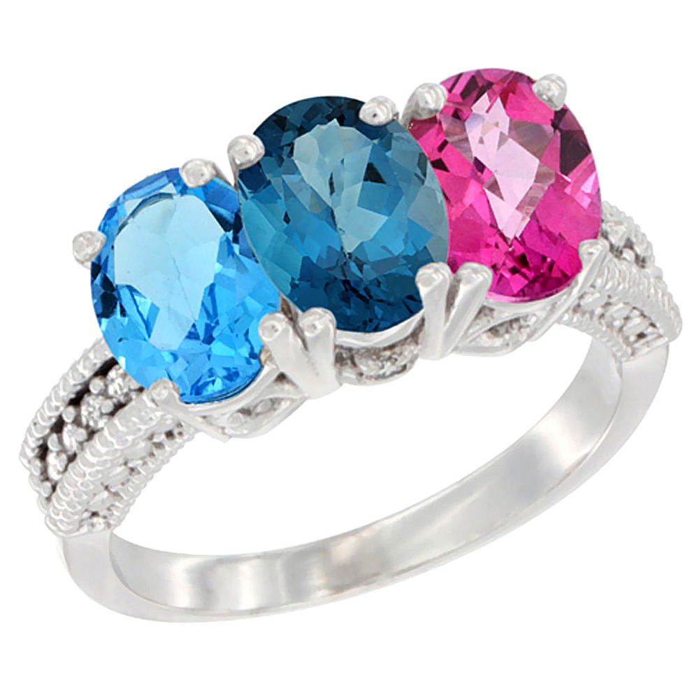 10K White Gold Natural Swiss Blue Topaz, London Blue Topaz & Pink Topaz Ring 3-Stone Oval 7x5 mm Diamond Accent, sizes 5 - 10