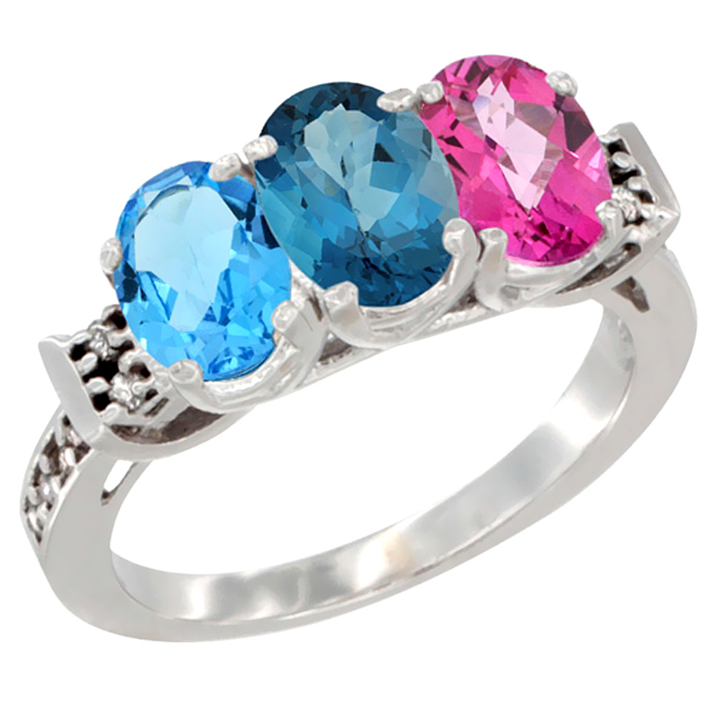 14K White Gold Natural Swiss Blue Topaz, London Blue Topaz &amp; Pink Topaz Ring 3-Stone 7x5 mm Oval Diamond Accent, sizes 5 - 10