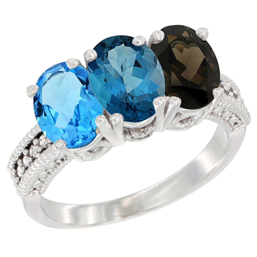 10K White Gold Natural Swiss Blue Topaz, London Blue Topaz &amp; Smoky Topaz Ring 3-Stone Oval 7x5 mm Diamond Accent, sizes 5 - 10