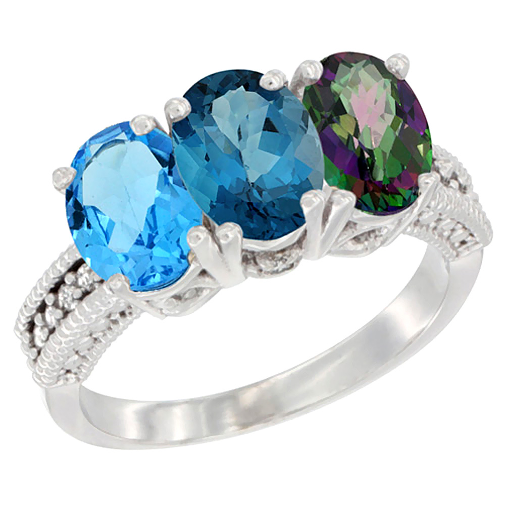 10K White Gold Natural Swiss Blue Topaz, London Blue Topaz &amp; Mystic Topaz Ring 3-Stone Oval 7x5 mm Diamond Accent, sizes 5 - 10