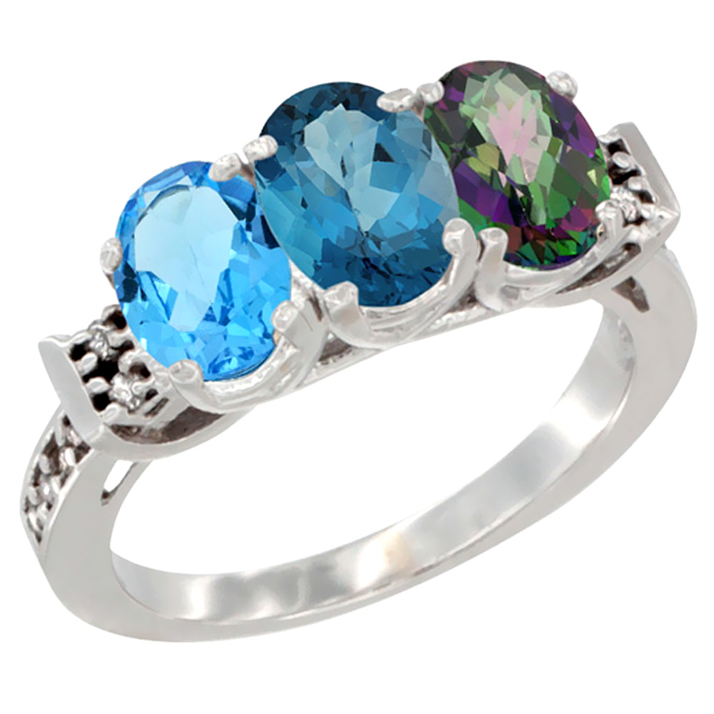 14K White Gold Natural Swiss Blue Topaz, London Blue Topaz & Mystic Topaz Ring 3-Stone 7x5 mm Oval Diamond Accent, sizes 5 - 10