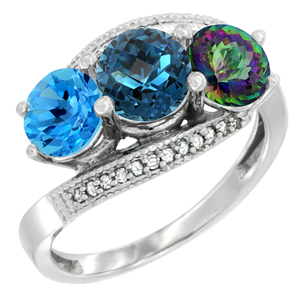 10K White Gold Natural Swiss Blue Topaz, London Blue &amp; Mystic Topaz 3 stone Ring Round 6mm Diamond Accent, sizes 5 - 10