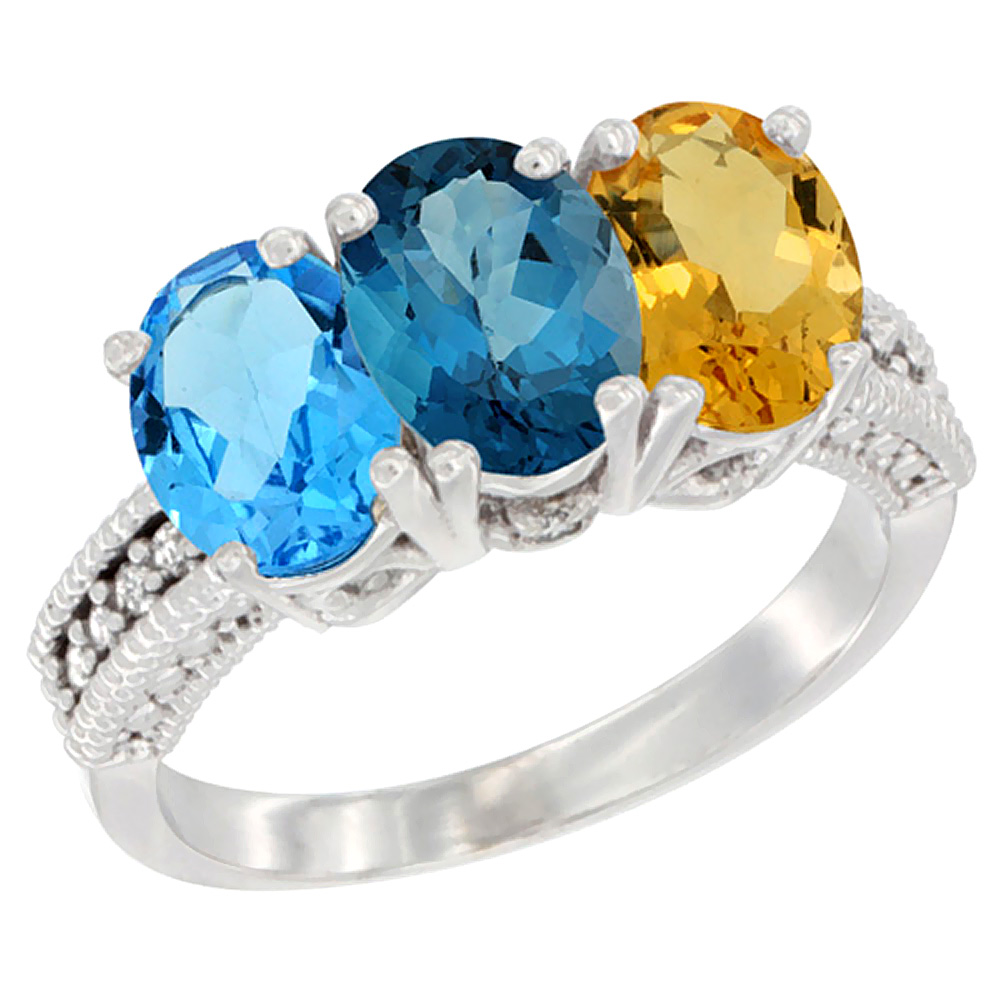 10K White Gold Natural Swiss Blue Topaz, London Blue Topaz & Citrine Ring 3-Stone Oval 7x5 mm Diamond Accent, sizes 5 - 10