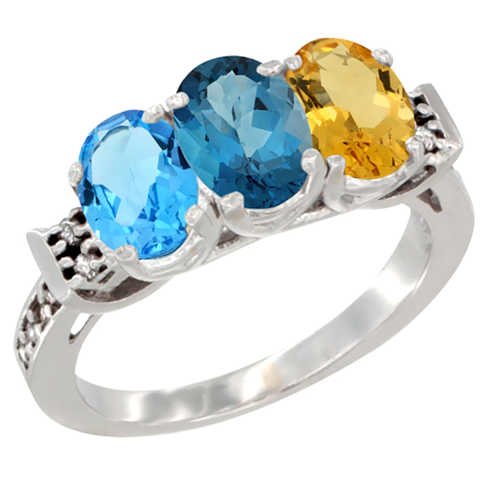 10K White Gold Natural Swiss Blue Topaz, London Blue Topaz & Citrine Ring 3-Stone Oval 7x5 mm Diamond Accent, sizes 5 - 10