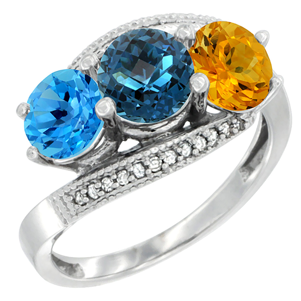 10K White Gold Natural Swiss Blue Topaz, London Blue Topaz & Citrine 3 stone Ring Round 6mm Diamond Accent, sizes 5 - 10