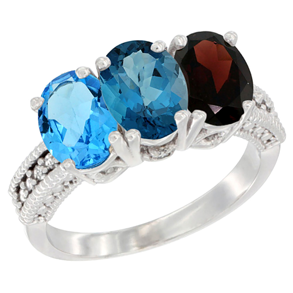 10K White Gold Natural Swiss Blue Topaz, London Blue Topaz & Garnet Ring 3-Stone Oval 7x5 mm Diamond Accent, sizes 5 - 10