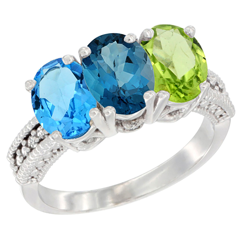 10K White Gold Natural Swiss Blue Topaz, London Blue Topaz & Peridot Ring 3-Stone Oval 7x5 mm Diamond Accent, sizes 5 - 10