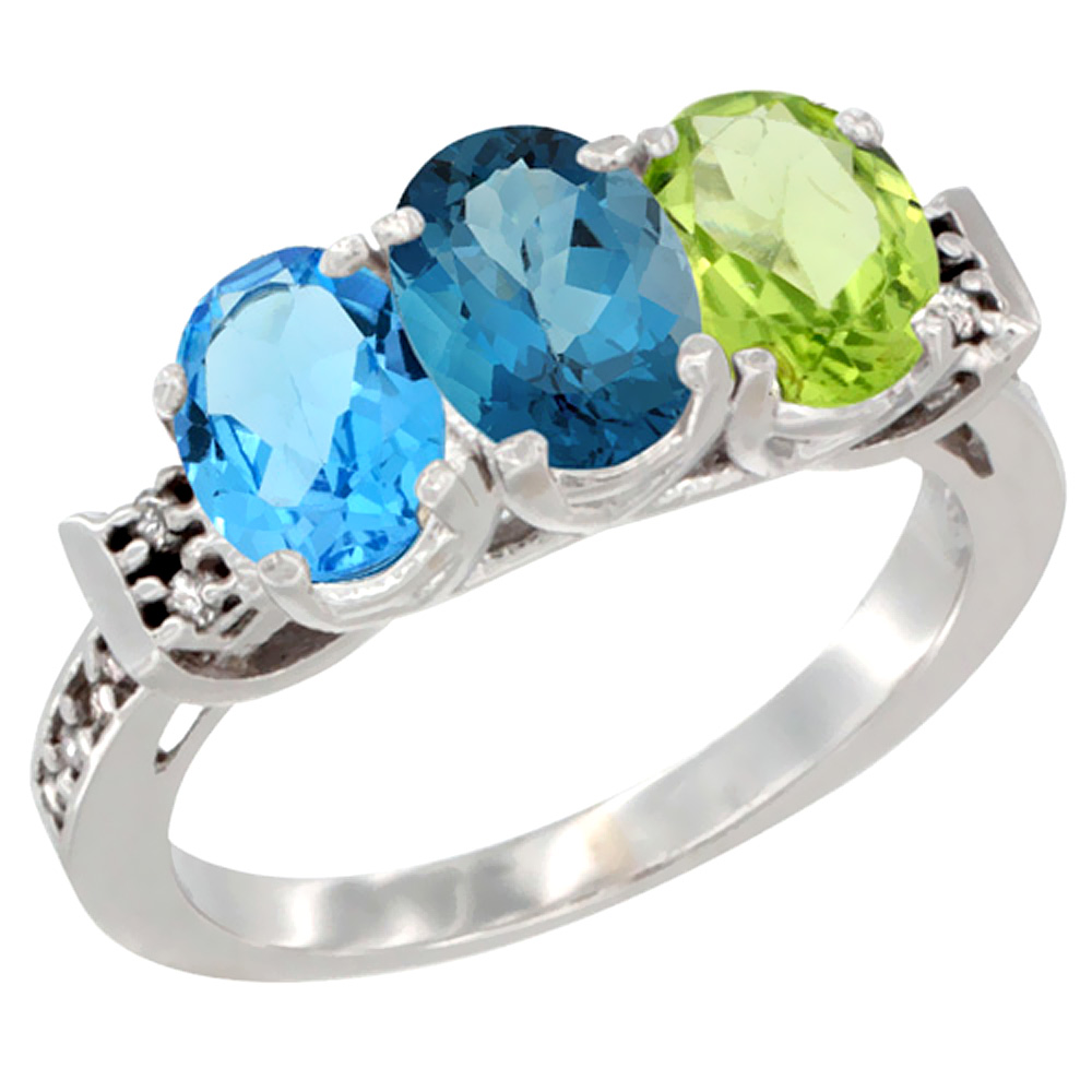 14K White Gold Natural Swiss Blue Topaz, London Blue Topaz & Peridot Ring 3-Stone 7x5 mm Oval Diamond Accent, sizes 5 - 10