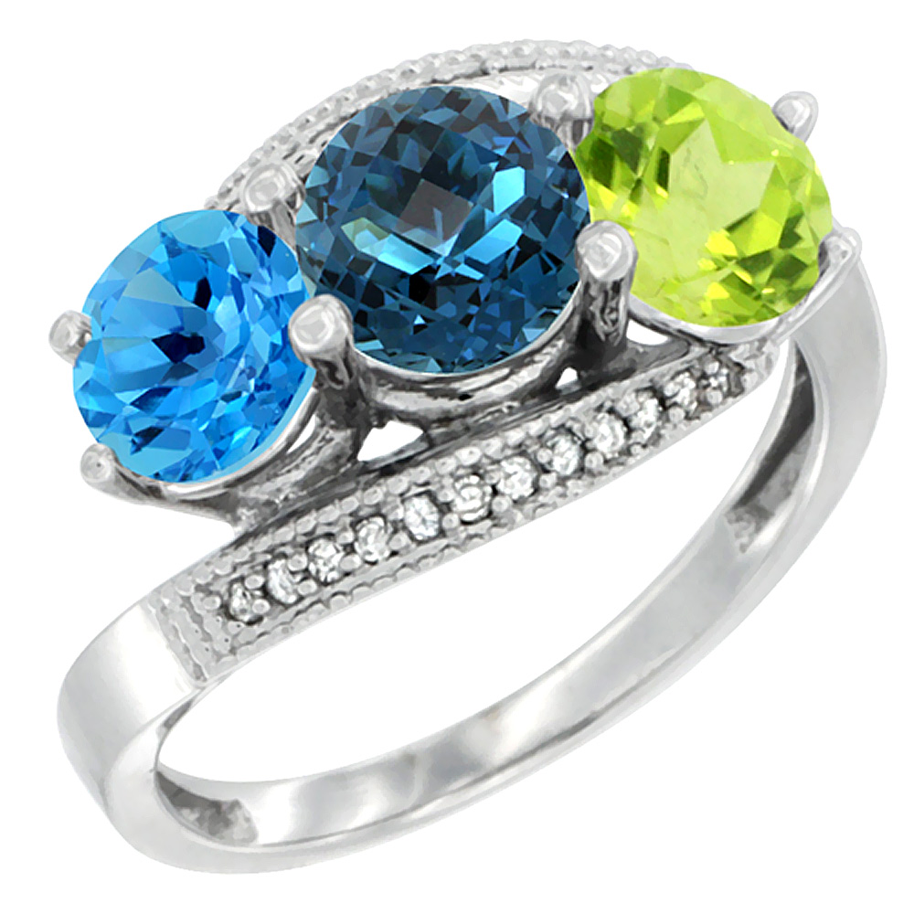 10K White Gold Natural Swiss Blue Topaz, London Blue Topaz & Peridot 3 stone Ring Round 6mm Diamond Accent, sizes 5 - 10