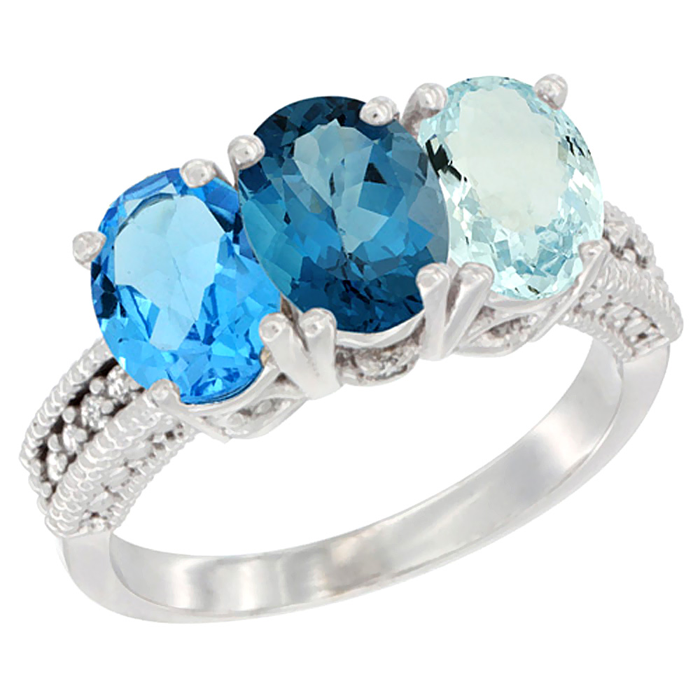 14K White Gold Natural Swiss Blue Topaz, London Blue Topaz & Aquamarine Ring 3-Stone 7x5 mm Oval Diamond Accent, sizes 5 - 10