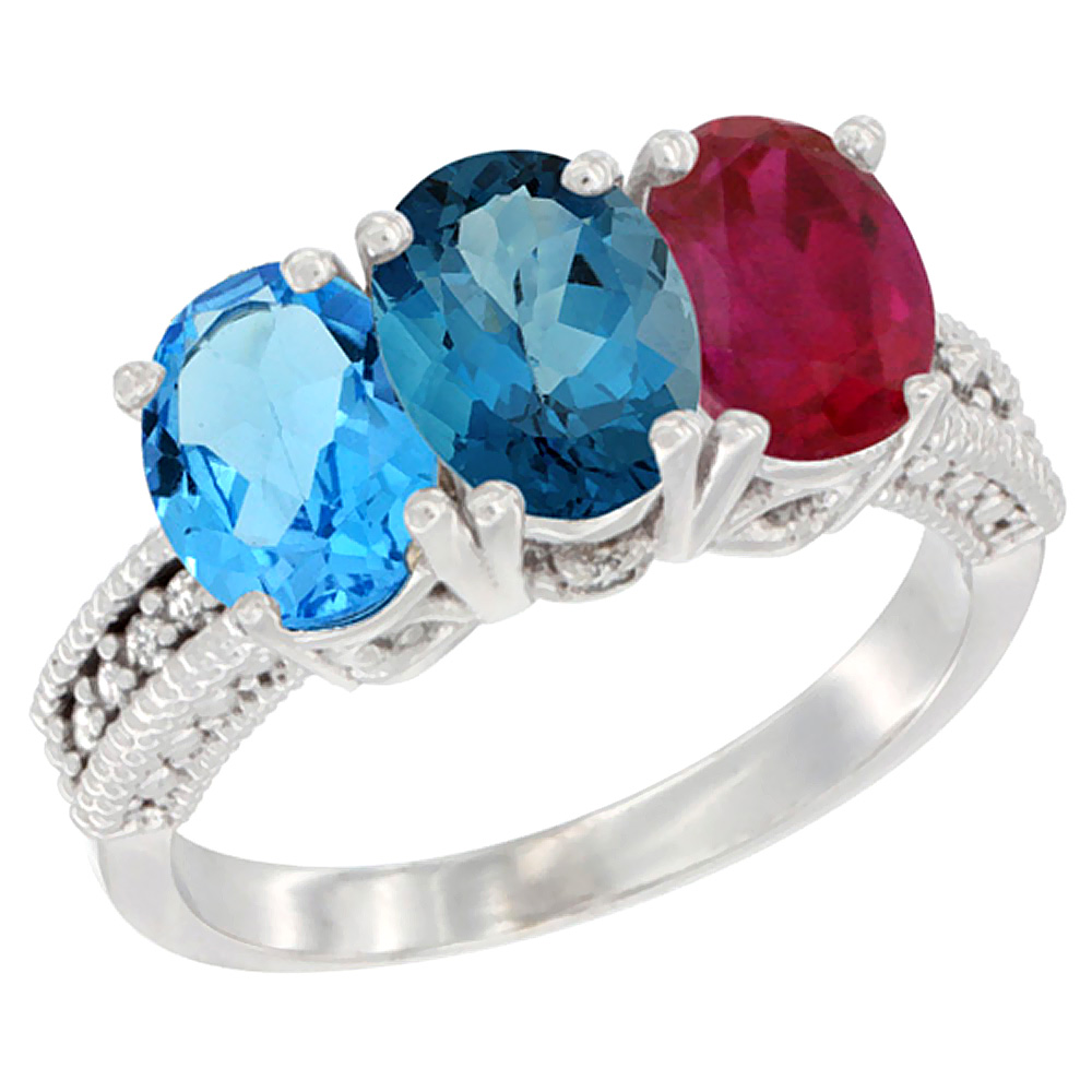 14K White Gold Natural Swiss Blue Topaz, London Blue Topaz & Enhanced Ruby Ring 3-Stone 7x5 mm Oval Diamond Accent, sizes 5 - 10