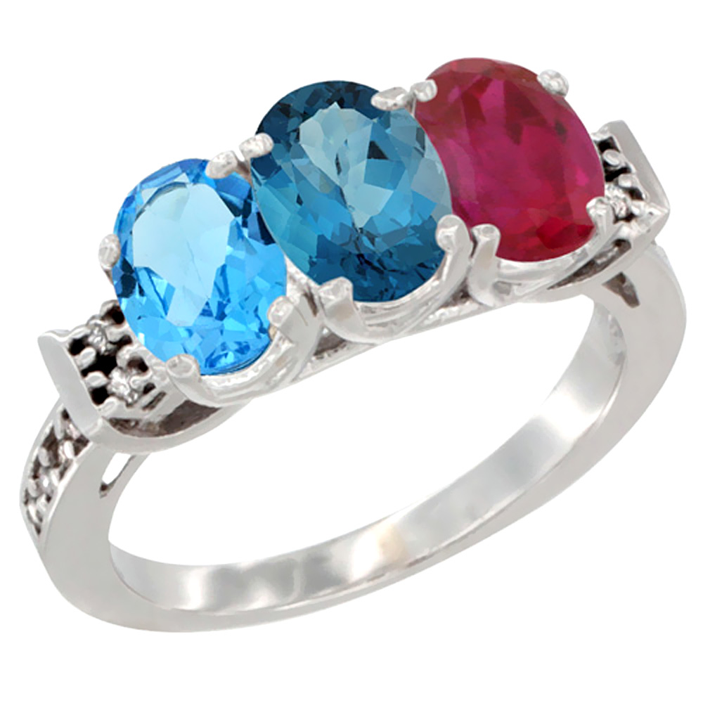 10K White Gold Natural Swiss Blue Topaz, London Blue Topaz & Enhanced Ruby Ring 3-Stone Oval 7x5 mm Diamond Accent, sizes 5 - 10