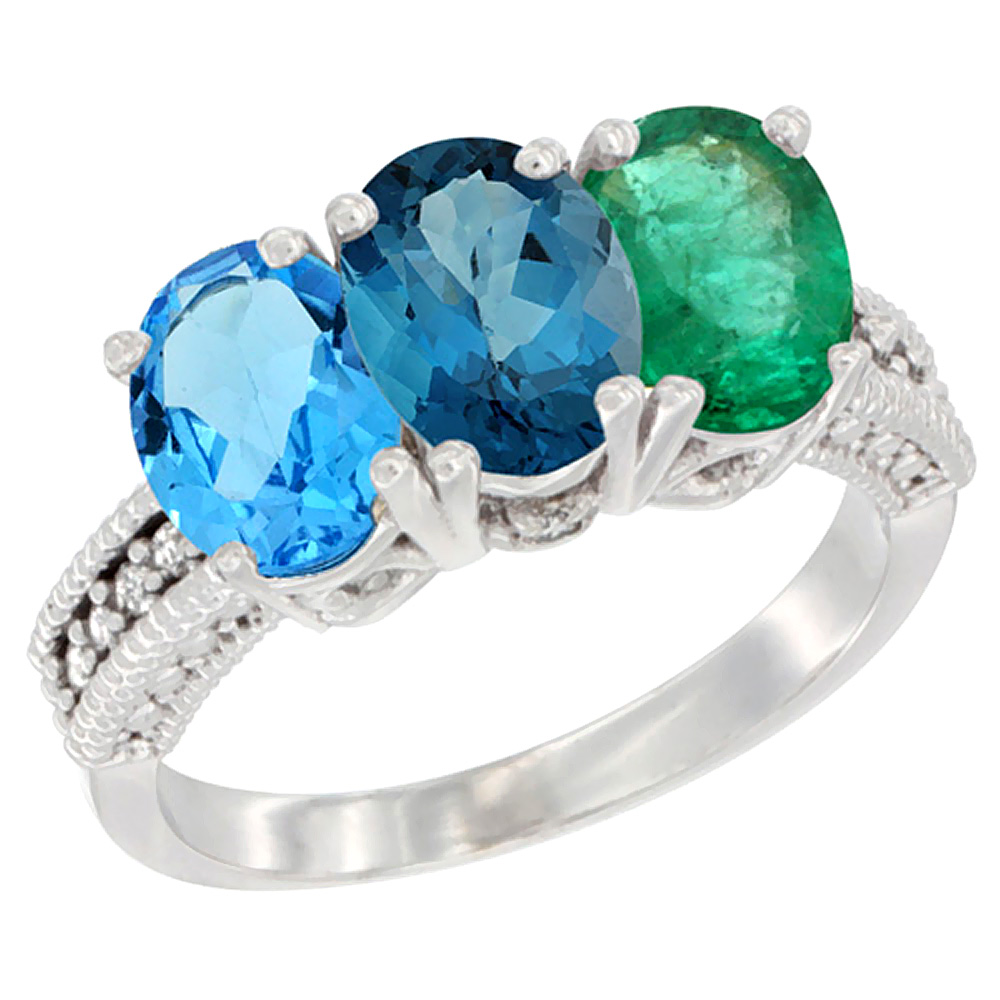 10K White Gold Natural Swiss Blue Topaz, London Blue Topaz & Emerald Ring 3-Stone Oval 7x5 mm Diamond Accent, sizes 5 - 10