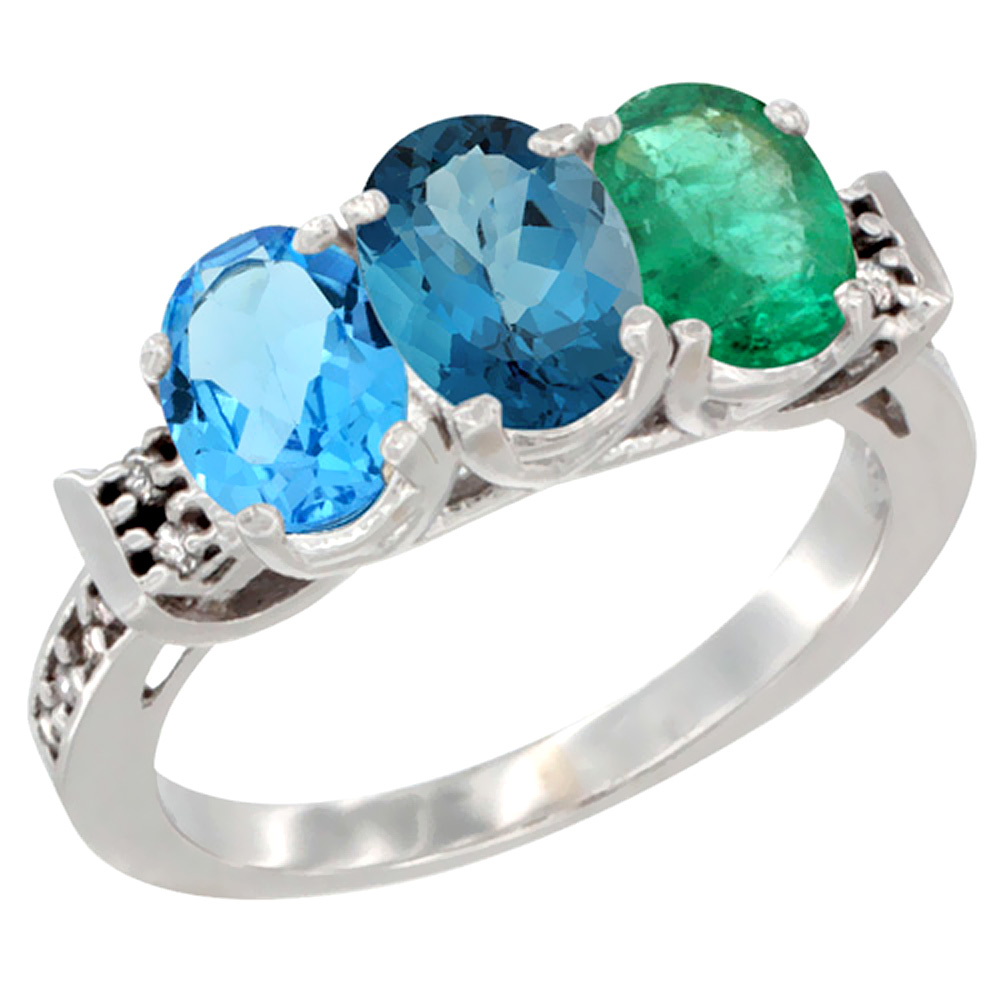 14K White Gold Natural Swiss Blue Topaz, London Blue Topaz & Emerald Ring 3-Stone 7x5 mm Oval Diamond Accent, sizes 5 - 10