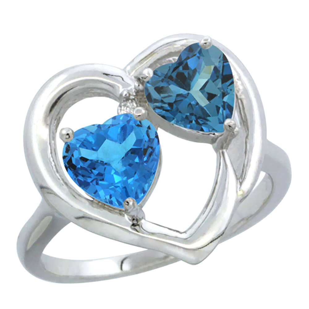 10K White Gold Diamond Two-stone Heart Ring 6mm Natural Swiss Blue &amp; London Blue Topaz, sizes 5-10