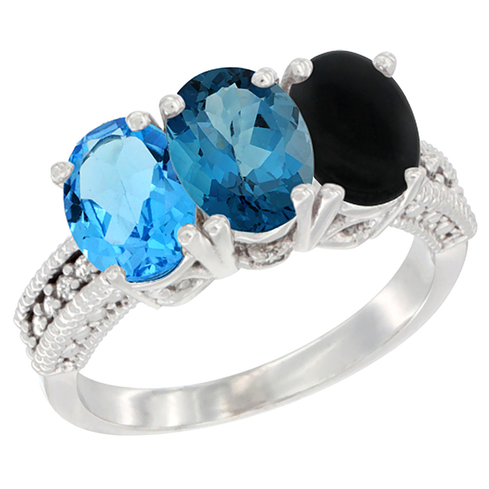 14K White Gold Natural Swiss Blue Topaz, London Blue Topaz & Black Onyx Ring 3-Stone 7x5 mm Oval Diamond Accent, sizes 5 - 10