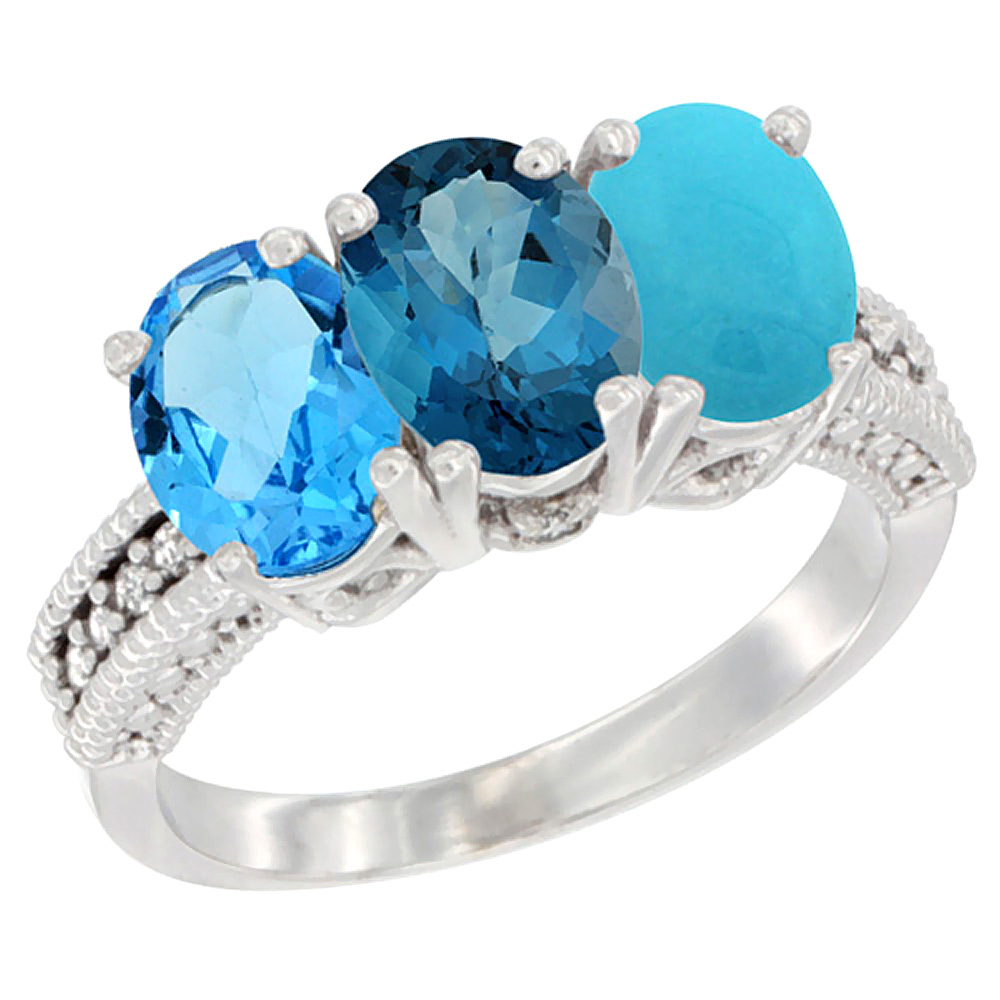 10K White Gold Natural Swiss Blue Topaz, London Blue Topaz & Turquoise Ring 3-Stone Oval 7x5 mm Diamond Accent, sizes 5 - 10