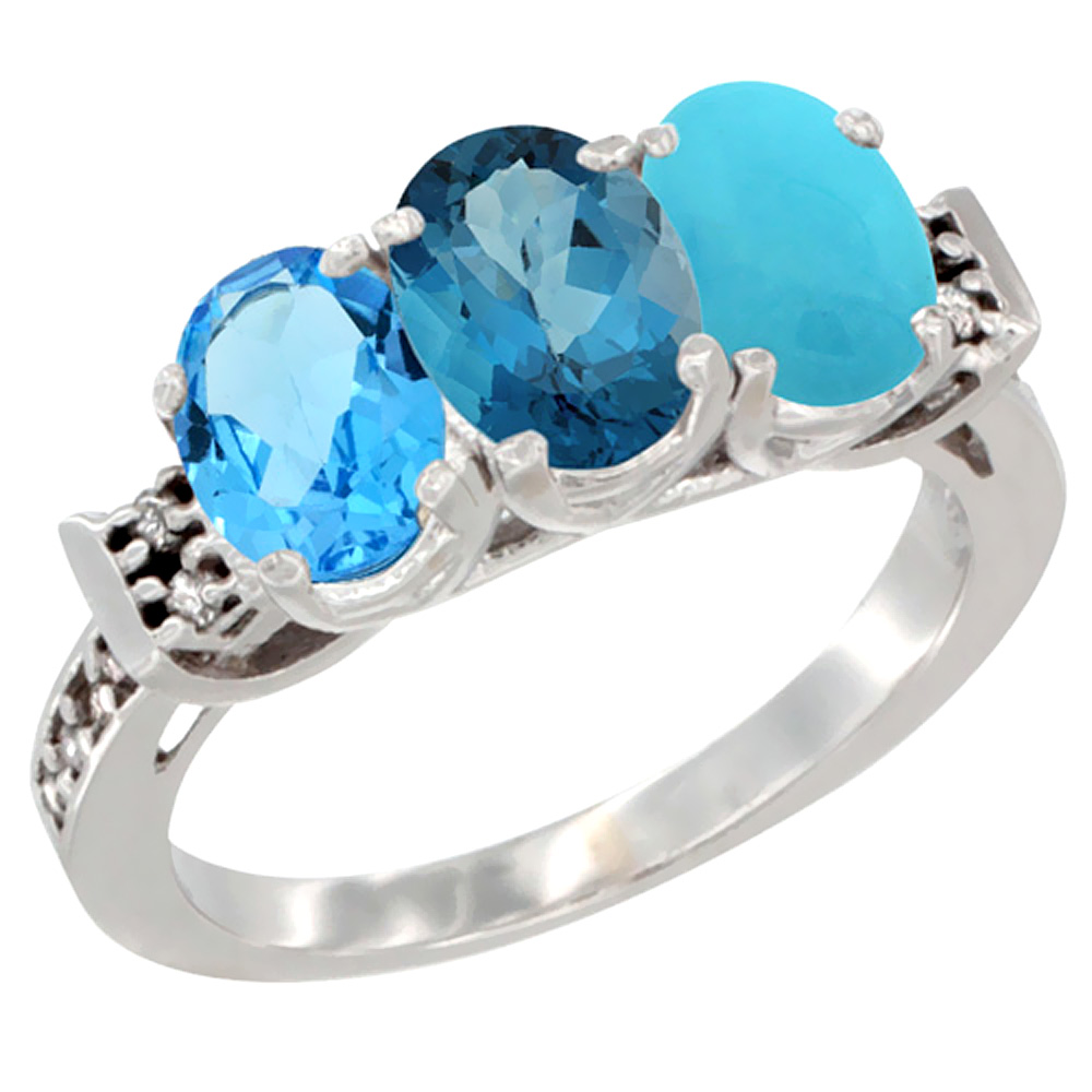 14K White Gold Natural Swiss Blue Topaz, London Blue Topaz &amp; Turquoise Ring 3-Stone 7x5 mm Oval Diamond Accent, sizes 5 - 10