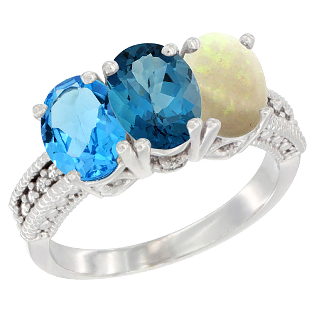 14K White Gold Natural Swiss Blue Topaz, London Blue Topaz & Opal Ring 3-Stone 7x5 mm Oval Diamond Accent, sizes 5 - 10