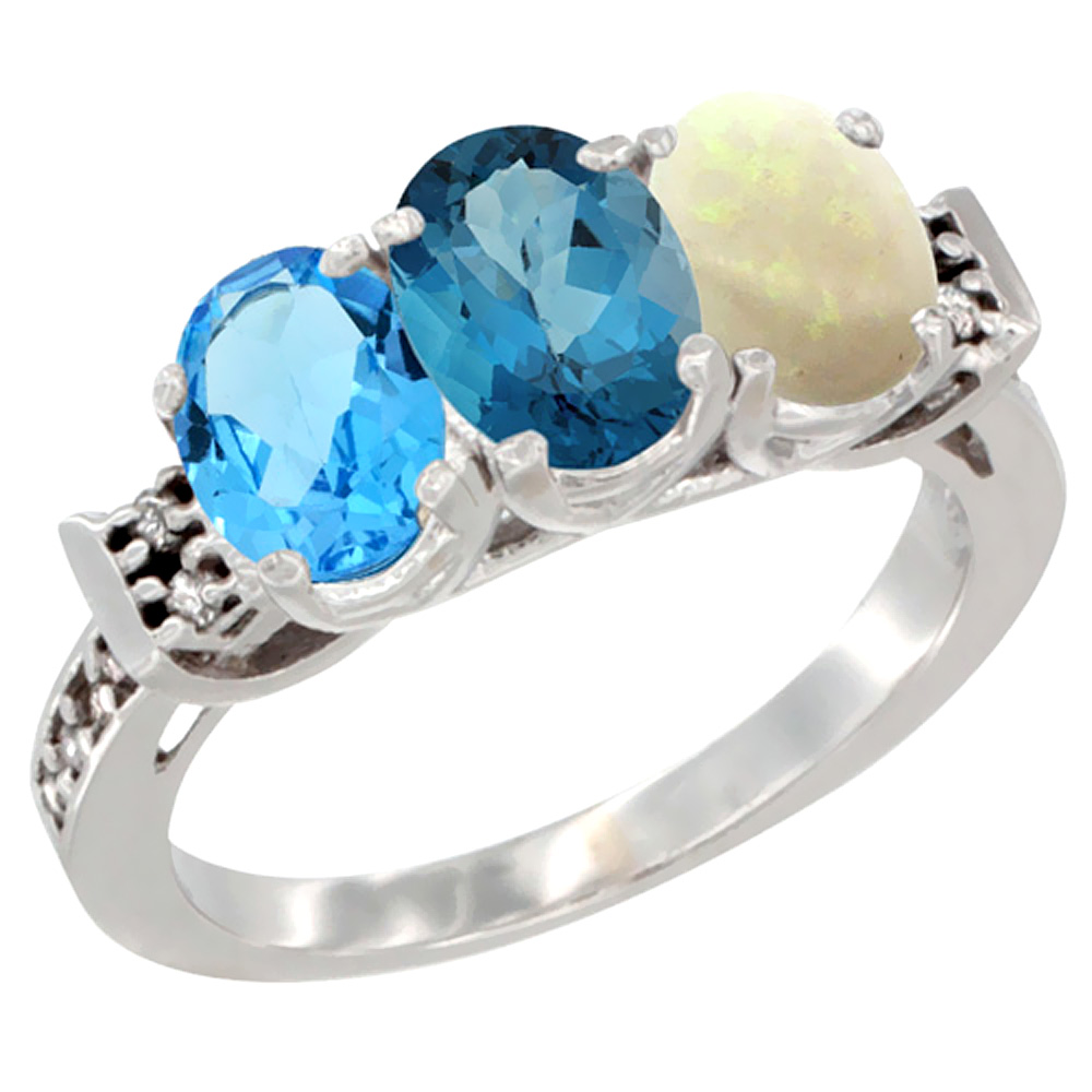 10K White Gold Natural Swiss Blue Topaz, London Blue Topaz & Opal Ring 3-Stone Oval 7x5 mm Diamond Accent, sizes 5 - 10