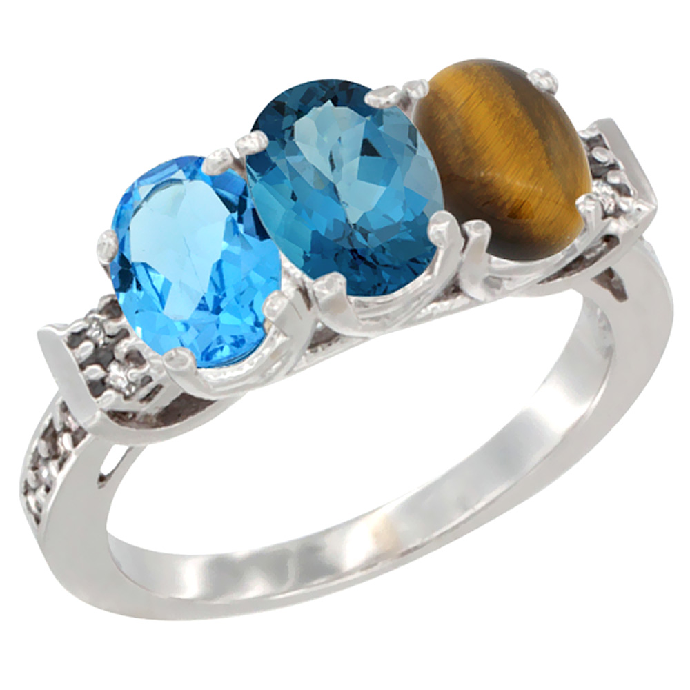 14K White Gold Natural Swiss Blue Topaz, London Blue Topaz & Tiger Eye Ring 3-Stone 7x5 mm Oval Diamond Accent, sizes 5 - 10