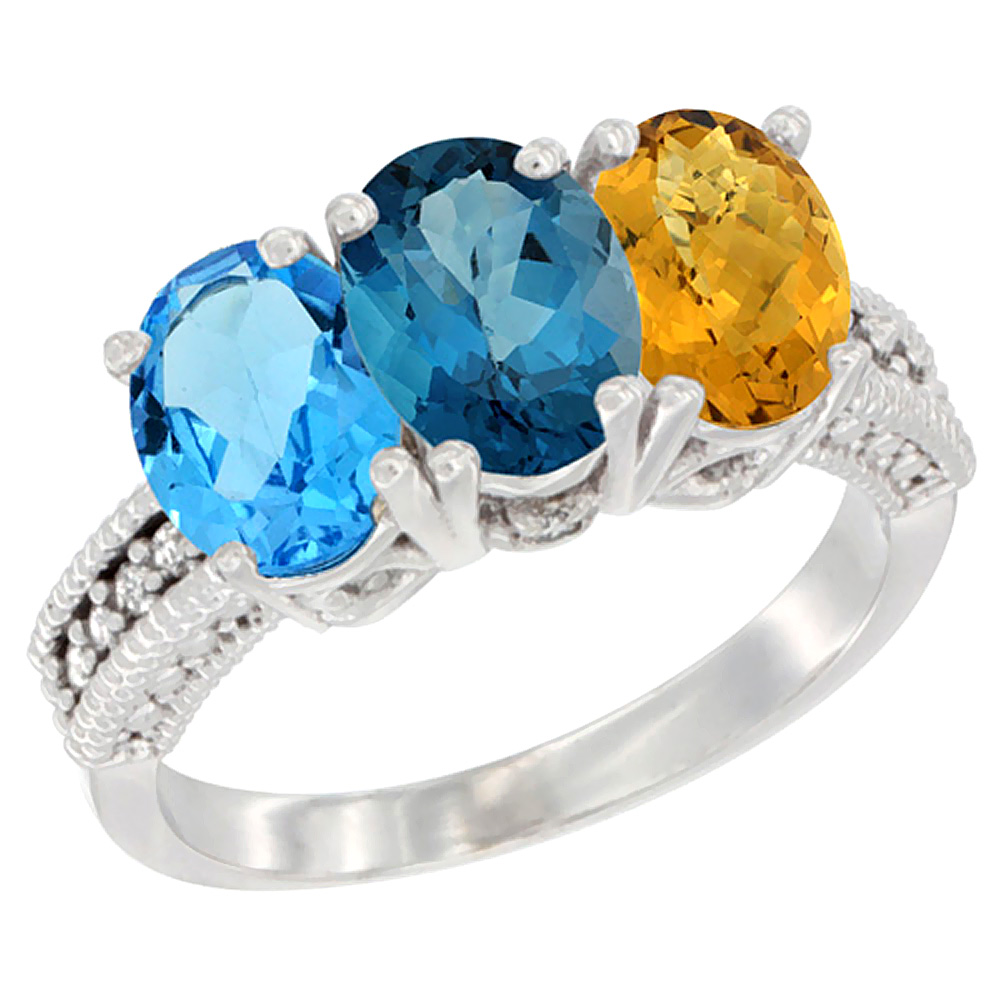 10K White Gold Natural Swiss Blue Topaz, London Blue Topaz & Whisky Quartz Ring 3-Stone Oval 7x5 mm Diamond Accent, sizes 5 - 10