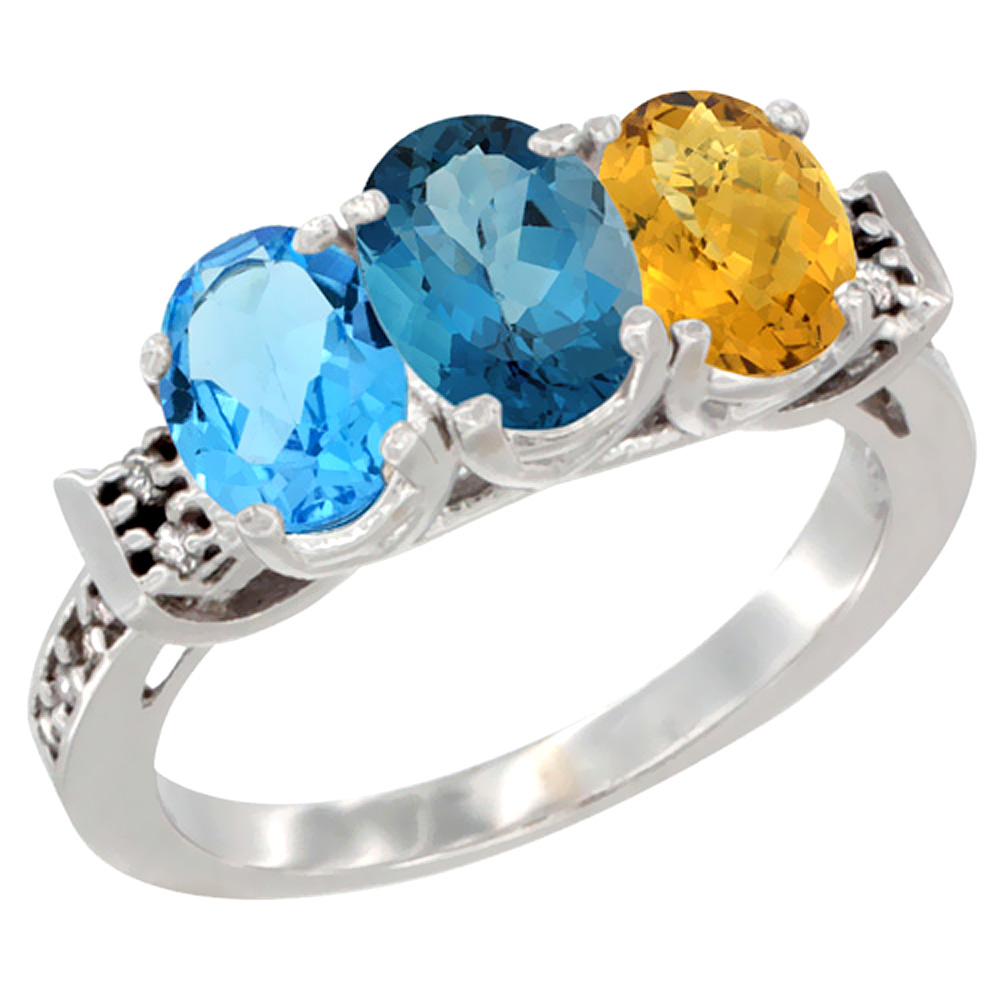 10K White Gold Natural Swiss Blue Topaz, London Blue Topaz & Whisky Quartz Ring 3-Stone Oval 7x5 mm Diamond Accent, sizes 5 - 10