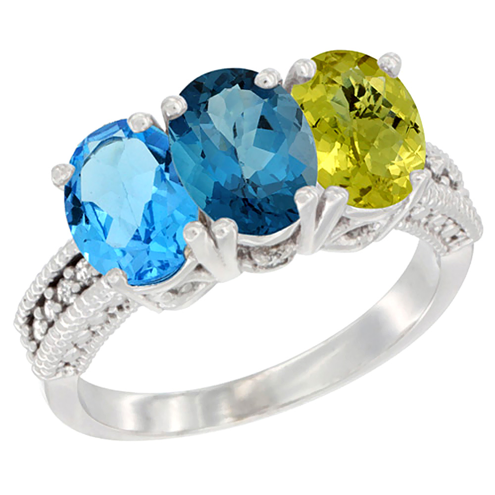 10K White Gold Natural Swiss Blue Topaz, London Blue Topaz &amp; Lemon Quartz Ring 3-Stone Oval 7x5 mm Diamond Accent, sizes 5 - 10