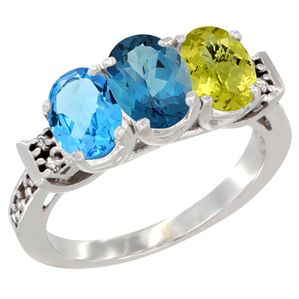 10K White Gold Natural Swiss Blue Topaz, London Blue Topaz &amp; Lemon Quartz Ring 3-Stone Oval 7x5 mm Diamond Accent, sizes 5 - 10