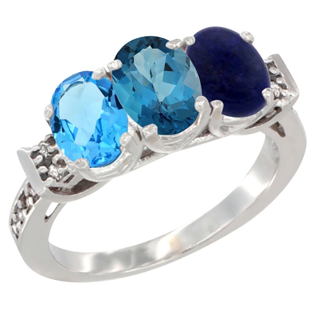 10K White Gold Natural Swiss Blue Topaz, London Blue Topaz & Lapis Ring 3-Stone Oval 7x5 mm Diamond Accent, sizes 5 - 10