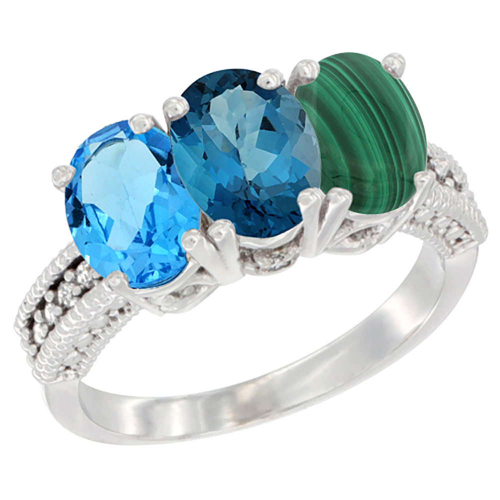 14K White Gold Natural Swiss Blue Topaz, London Blue Topaz & Malachite Ring 3-Stone 7x5 mm Oval Diamond Accent, sizes 5 - 10