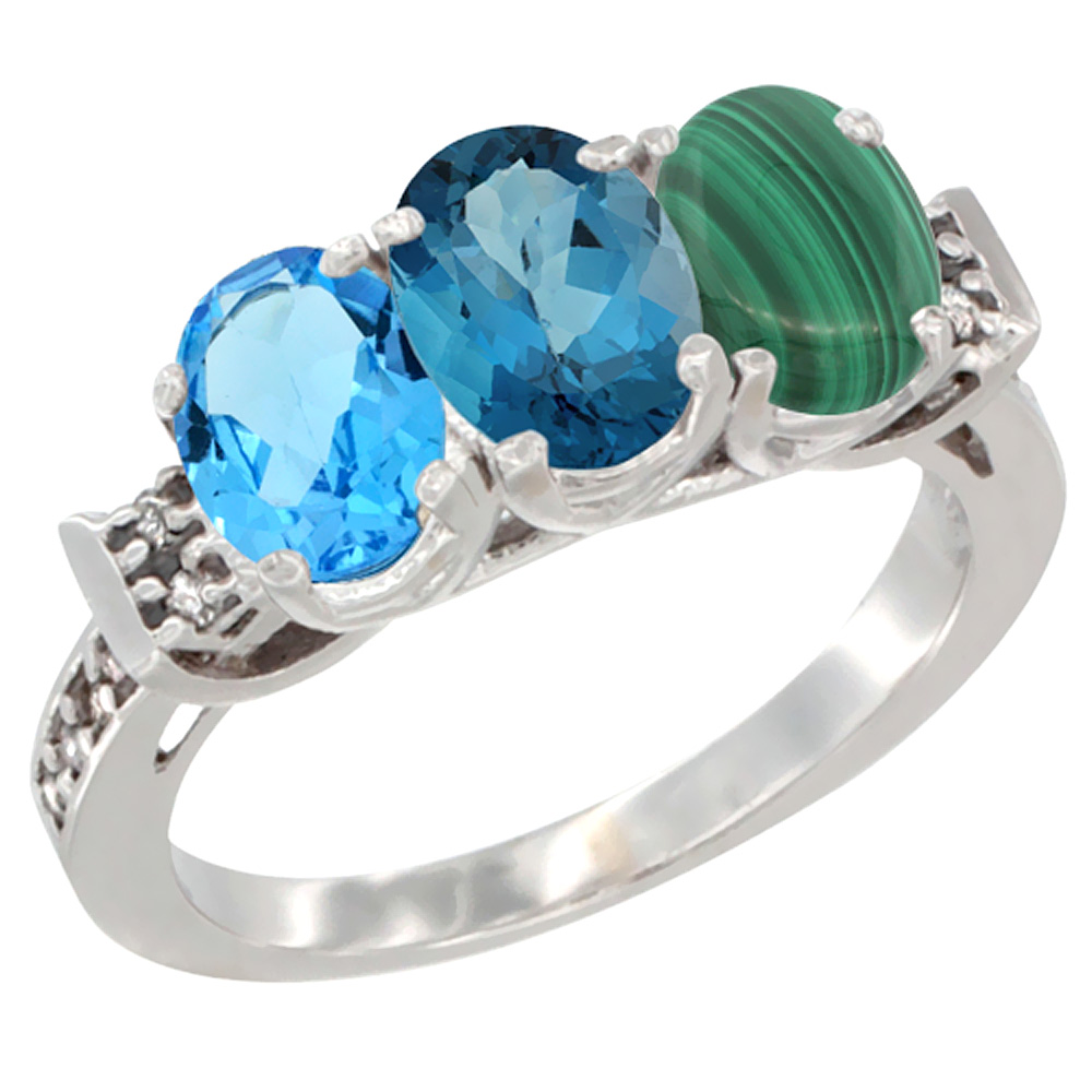 14K White Gold Natural Swiss Blue Topaz, London Blue Topaz & Malachite Ring 3-Stone 7x5 mm Oval Diamond Accent, sizes 5 - 10