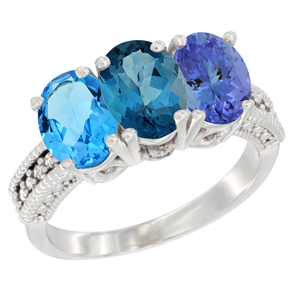 14K White Gold Natural Swiss Blue Topaz, London Blue Topaz & Tanzanite Ring 3-Stone 7x5 mm Oval Diamond Accent, sizes 5 - 10