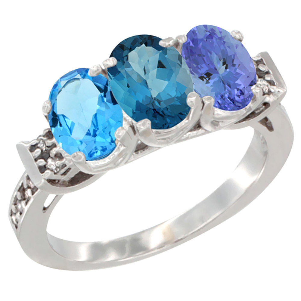 10K White Gold Natural Swiss Blue Topaz, London Blue Topaz & Tanzanite Ring 3-Stone Oval 7x5 mm Diamond Accent, sizes 5 - 10