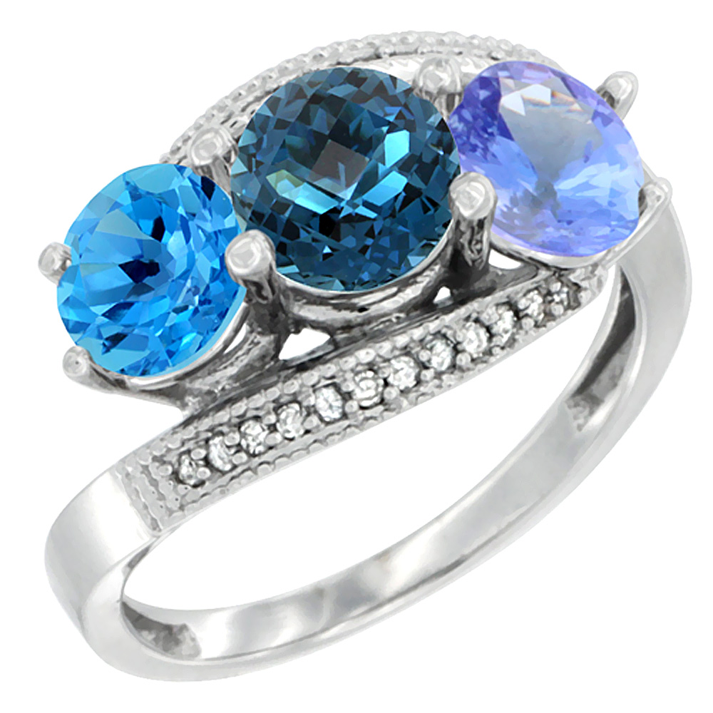 10K White Gold Natural Swiss Blue Topaz, London Blue Topaz & Tanzanite 3 stone Ring Round 6mm Diamond Accent, sizes 5 - 10