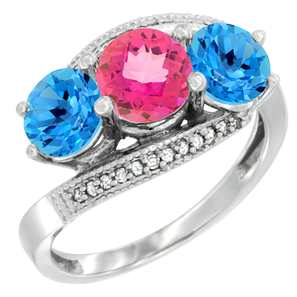 14K White Gold Natural Pink Topaz & Swiss Blue Topaz Sides 3 stone Ring Round 6mm Diamond Accent, sizes 5 - 10