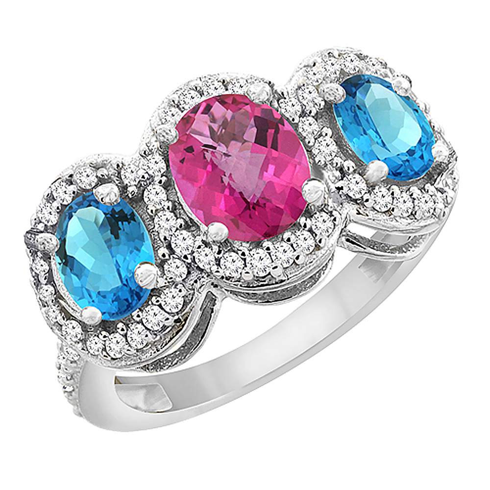 10K White Gold Natural Pink Topaz & Swiss Blue Topaz 3-Stone Ring Oval Diamond Accent, sizes 5 - 10