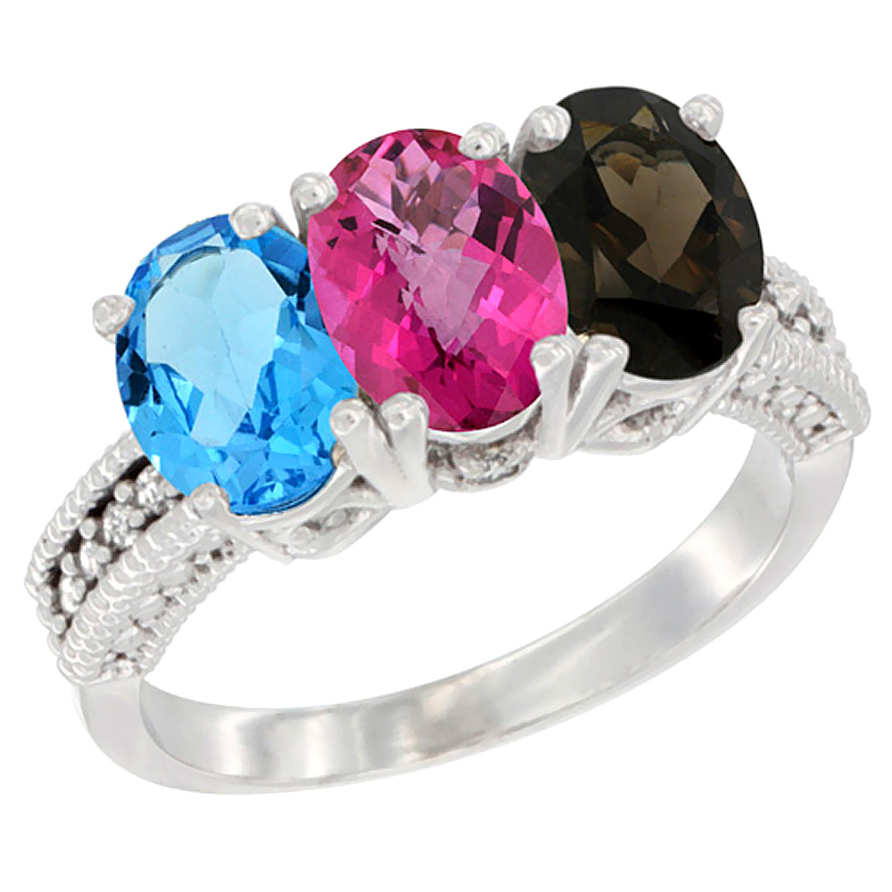 14K White Gold Natural Swiss Blue Topaz, Pink Topaz & Smoky Topaz Ring 3-Stone 7x5 mm Oval Diamond Accent, sizes 5 - 10