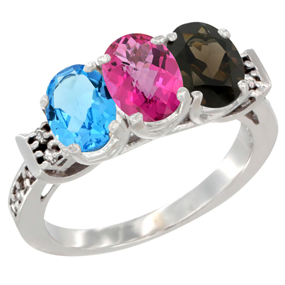 14K White Gold Natural Swiss Blue Topaz, Pink Topaz & Smoky Topaz Ring 3-Stone 7x5 mm Oval Diamond Accent, sizes 5 - 10