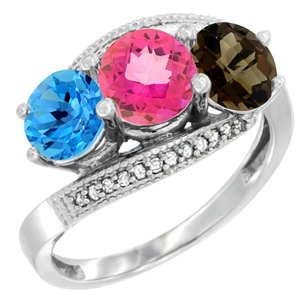 14K White Gold Natural Swiss Blue Topaz, Pink &amp; Smoky Topaz 3 stone Ring Round 6mm Diamond Accent, sizes 5 - 10