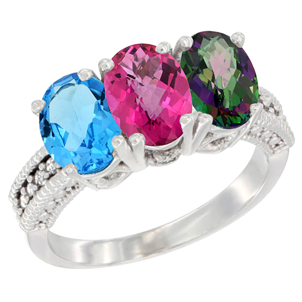 14K White Gold Natural Swiss Blue Topaz, Pink Topaz & Mystic Topaz Ring 3-Stone 7x5 mm Oval Diamond Accent, sizes 5 - 10