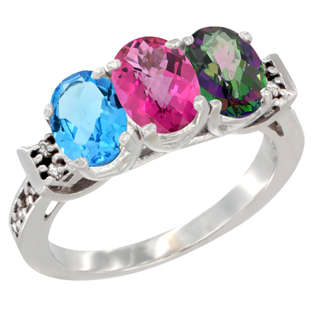 14K White Gold Natural Swiss Blue Topaz, Pink Topaz & Mystic Topaz Ring 3-Stone 7x5 mm Oval Diamond Accent, sizes 5 - 10