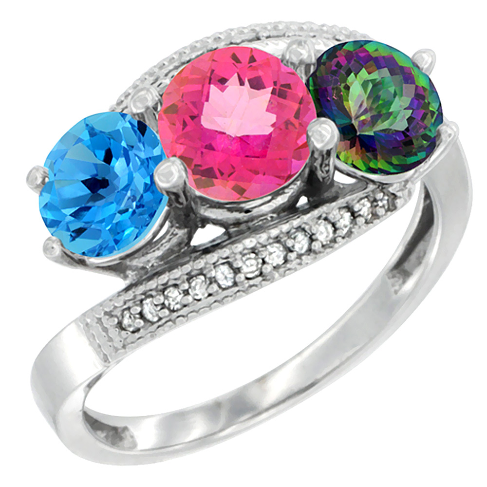 10K White Gold Natural Swiss Blue Topaz, Pink &amp; Mystic Topaz 3 stone Ring Round 6mm Diamond Accent, sizes 5 - 10